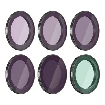 Seši Freewell filtru lēnsi DJI Action 4, izvietoti divās rindās, ar ND8, ND16, ND32, ND64, ND1000 un CPL filtriem, kas atšķiras ar krāsām un melniem metāla rāmjiem.