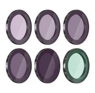 Six Freewell filter lenses for DJI Action 4 displayed in two rows, featuring ND8, ND16, ND32, ND64, ND1000 and CPL filters with distinct tint colors and black metal rims.Six Freewell filter lenses for DJI Action 4 displayed in two rows, featuring ND8, ND16, ND32, ND64, ND1000 and CPL filters with distinct tint colors and black metal rims.