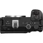 Canon EOS R6 V беззеркальная камера с черным корпусом, серебряным креплением объектива, красной кнопкой питания, 3-дюймовым сенсорным экраном и слотом для карт CFExpress Type B.