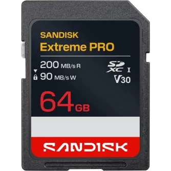 SanDisk Extreme PRO 64GB SDXC UHS-I memory card with 200 MB/s read speed and 90 MB/s write speed, ideal for 4K video and rugged use