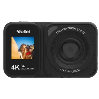 Rollei Compactline 64 Dual Screen compact camera with front display showing a selfie of a woman and dog, rear lens featuring 18x powerful zoom, F/3.2 aperture and 7.36mm focal length, 64MP sensor for 4K video
