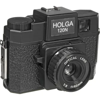 Holga 120N medium format film camera with textured body, 60mm f/8 optical lens, zone focusing ring, top hot shoe, and rear viewfinder