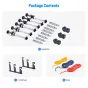 Neewer 3‑Roller Manual Background Support System pakete satur sešus izplešanās stieņus, divus tri-fold āķus, trīs krāsainas ķēdes un montāžas piederumus