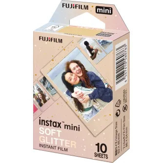 Fujifilm Instax mini Soft Glitter Instant Film packaging with 10 sheets, featuring vibrant instant photos and a glitter design.