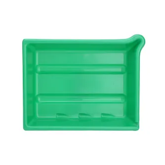Green plastic developing tray for 24x30cm prints with spout and ridges, stackable design