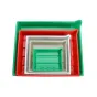 Stackable plastic developing trays in green, red, white, and beige for 24x30cm photographic prints with spouts and ribbed bottoms