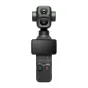 DJI Osmo Pocket 4P divu objektīvu darbības kamera ar 1-inča sensoru, 3-aksu stabilizāciju, rokas gimbalu, melnu korpusu, taisnstūra ekrānu un sarkano ieraksta pogu.