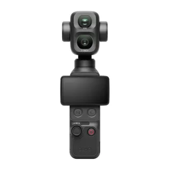 DJI Osmo Pocket 4P divu objektīvu darbības kamera ar 1-inča sensoru, 3-aksu stabilizāciju, rokas gimbalu, melnu korpusu, taisnstūra ekrānu un sarkano ieraksta pogu.