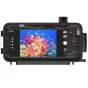 SeaLife SportDiver Ultra underwater housing for iPhone and Android smartphones, displaying a vibrant coral reef scene with colorful corals and small fish, featuring a large shutter button, control panel, battery compartment, and