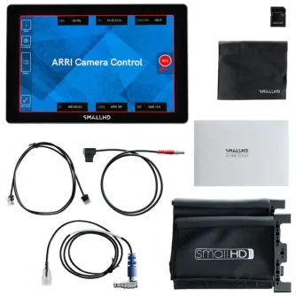 SmallHD Cine 7 ARRI Kit includes a 7‑inch 1800‑nit on‑camera monitor displaying the ARRI camera control interface, along with accessories such as Ethernet cables, a D‑Tap power cable, an ARRI Alexa control cable, a cleaning clot