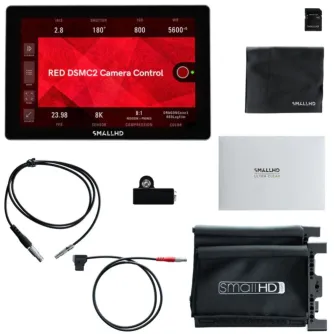 SmallHD Cine 7 RED DSMC2 Kit – 7‑inch 1800 nit on‑camera monitor displaying RED DSMC2 control, includes D-Tap power cable, USB-Lemo adapter, mounting bracket, zippered carrying case, cleaning cloth, screen protector card, and 8 