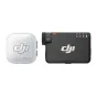 DJI Mic Mini 2S wireless lavalier microphone system – compact white receiver with transparent cover and black transmitter featuring textured gain knob, level indicators, and green LED for professional audio capture.
