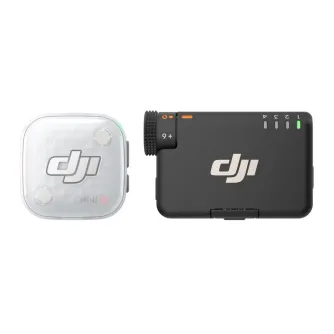 DJI Mic Mini 2S wireless lavalier microphone system – compact white receiver with transparent cover and black transmitter featuring textured gain knob, level indicators, and green LED for professional audio capture.