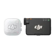DJI Mic Mini 2S wireless lavalier microphone system – compact white receiver with transparent cover and black transmitter featuring textured gain knob, level indicators, and green LED for professional audio capture.DJI Mic Mini 2S wireless lavalier microphone system – compact white receiver with transparent cover and black transmitter featuring textured gain knob, level indicators, and green LED for professional audio capture.