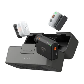 DJI Mic Mini 2S wireless microphone system with 2 transmitters, 1 receiver, and charging case for professional audio recording