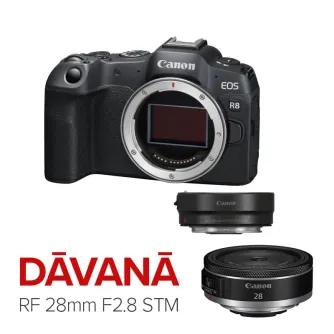 Canona EOS R8 pilna kadra bezspoguļu fotoaparāta korpuss ar 24.2MP sensoru, priekšējais skats ar objektīva montāžas vietu un vadības pogām