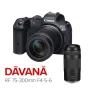 Canona EOS R7 bezspoguļa kamera ar RF-S 18-150mm f/3.5-6.3 IS STM objektīvu, priekšējais skats ar reklāmas atlaides banneri