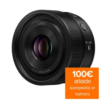 Close-up of Panasonic Lumix S 40mm F/2.0 lens, featuring its front element with purple and green reflections, textured grip rings, an 'AF/MF' focus button, and engraved specifications 'S 1:2 / 40mm Φ62'.
