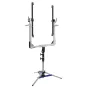 Aputure NOVA II 2x1 3-Light Yoke for studio lighting, featuring vertical mounts for three lights, power and DMX cables, and tripod base with blue accents.