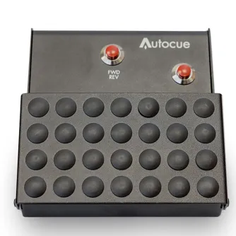Autocue USB Foot Control with 20 tactile buttons arranged in a 4x5 grid, red FWD/REV pedals, and USB connectivity for teleprompter control