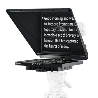 Autocue 17 Explorer Teleprompter mounted on a white tripod, featuring a screen displaying white text, a keyboard with labeled buttons, a medium composite hood, and a 10-meter HDMI cable.