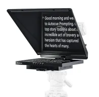 Autocue 17 Explorer Teleprompter mounted on a white tripod, featuring a screen displaying white text, a keyboard with labeled buttons, a medium composite hood, and a 10-meter HDMI cable.Autocue 17 Explorer Teleprompter mounted on a white tripod, featuring a screen displaying white text, a keyboard with labeled buttons, a medium composite hood, and a 10-meter HDMI cable.