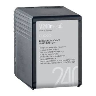 Bebob V240microC Li-Ion Battery with 16.5Ah capacity, USB-C PD3, Twist D-Tap safety, and 5-stage LED charge indicator for professional camera power