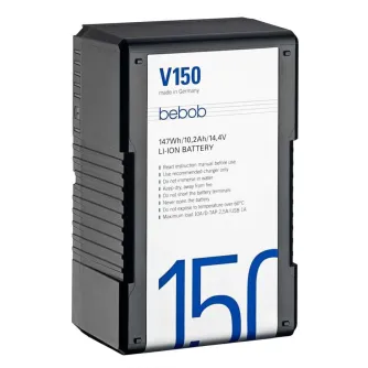 Bebob V150 V-Mount Li-Ion Battery 14.4V 147Wh with Twist D-Tap and USB port, durable modular design, 16A max discharge, recellable, made in Germany