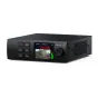Blackmagic Streaming Encoder HD with digital screen displaying 'ON AIR', video preview of a guitarist, and green audio level meters. Control buttons include 'ON AIR', 'MENU', 'OFF', 'SET', 'CALL', 'LOCK', and a USB port. Blackma