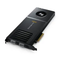 Blackmagic DeckLink IP 100G video capture card featuring dual QSFP28 ports, a cooling fan, and the brand logo, mounted on a PCIe bracket with ventilation slots and a metallic finish.Blackmagic DeckLink IP 100G video capture card featuring dual QSFP28 ports, a cooling fan, and the brand logo, mounted on a PCIe bracket with ventilation slots and a metallic finish.