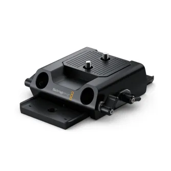 Blackmagic Design Tripod Mount for Studio Camera 4K with 15mm rail compatibility, featuring a sliding plate and mounting holes for tripods and accessories