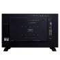 Back view of a black Boland 4K24-HDR 24" Pro HDR Monitor featuring ventilation grilles, multiple input ports including HDMI 2.0 and SDI connectors, a caution label, and a detachable AC power supply, mounted on a stand against a 