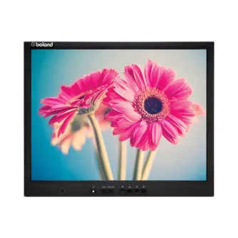 15-inch Boland TP15DB LED Broadcast Monitor displaying high-resolution pink flowers with green stems on a soft blue background