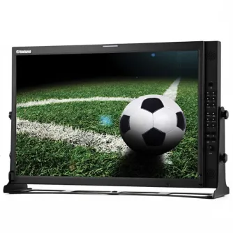 24-inch LED broadcast monitor displaying a soccer ball on a grass field with white markings near the corner flag