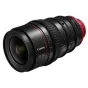 Canon CN-E20-50mm T2.4 L F kinematogrāfiskais objekīvs ar sarkano akcenta gredzenu, zaļajām metriskajām atzīmēm un EF montāžu pilna kadra 35 mm kamerām