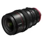 Close-up of Canon CN-E20-50mm T2.4 L FP cinema lens with PL mount, featuring a black body, red and green markings, focus and zoom rings, and front element.