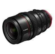 Close-up of Canon CN-E20-50mm T2.4 L FP cinema lens with PL mount, featuring a black body, red and green markings, focus and zoom rings, and front element.Close-up of Canon CN-E20-50mm T2.4 L FP cinema lens with PL mount, featuring a black body, red and green markings, focus and zoom rings, and front element.