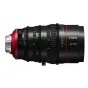 Close-up of Canon CN-E20-50mm T2.4 L FP cinema lens on PL mount, featuring a red ring, green focus and aperture scales, and white text markings on a black body with Canon logo.