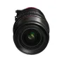 Close-up of Canon CN-E20-50mm T2.4 L FP cinema lens featuring a black body, red and green markings, and a visible lens mount. The front element shows a greenish reflection, textured grip, and detailed aperture ring.
