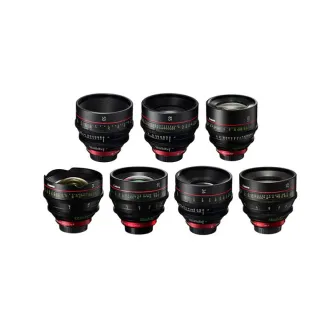 Canon Cinema EOS 7 Prime objektīvu komplekts - 14mm līdz 135mm EF montāžas kinematiskie objektīvi ar sarkaniem gredzeniem, zaļām fokusēšanas skalām un 11 asmeņu apertūrām 4K filmēšanai