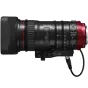 Canon Compact Servo Double Lens Kit featuring the CN-E18-80mm lens with red accents and electronic controls, mounted on a camera body with a cable attached, showcasing its professional cinema-grade design with focal length marki