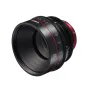 Close-up of Canon CN-E50mm T1.3 L F cine lens with black body, red accents, and detailed focus/exposure markings, showcasing its threaded mount and aperture ring.