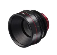 Close-up of Canon CN-E50mm T1.3 L F cine lens with black body, red accents, and detailed focus/exposure markings, showcasing its threaded mount and aperture ring.Close-up of Canon CN-E50mm T1.3 L F cine lens with black body, red accents, and detailed focus/exposure markings, showcasing its threaded mount and aperture ring.