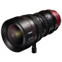Close-up view of a Canon CN-E30-105mm T2.8 L S lens with EF mount, showcasing its black barrel with red accents, green focus markings, and detailed gear mechanisms.