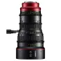 Canon CN-E30-105mm T2.8 L S EF montāžas kinematogrāfijas objekīvs ar sarkanu korpusu, zaļām fokusa atzīmēm un precīziem vadības gredzeniem 2K/4K kinematogrāfijai