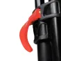 Red Lock 75mm tripod leg clamp with a curved lever and gold bolt for professional video tripods