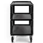Black three-shelf cart with fabric-covered shelves and embroidered logo, lightweight and durable, made in Italy