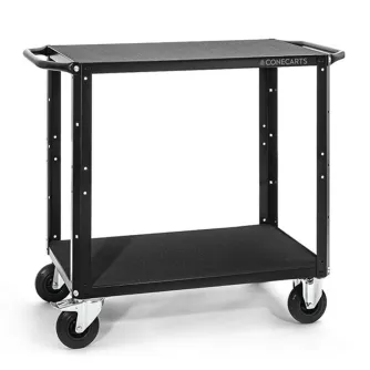 Compact two-shelf black steel cart with high-density foam lining for secure tool storage and transport