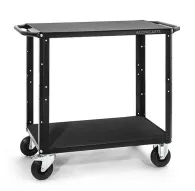 Compact two-shelf black steel cart with high-density foam lining for secure tool storage and transportCompact two-shelf black steel cart with high-density foam lining for secure tool storage and transport