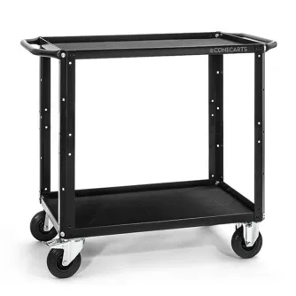 Black steel two-shelf cart with rubber mats for studio use